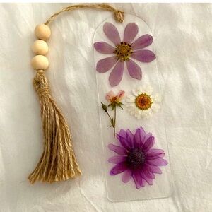Purple Hand crafted pressed flower Bookmark with Tassel and wooden beads